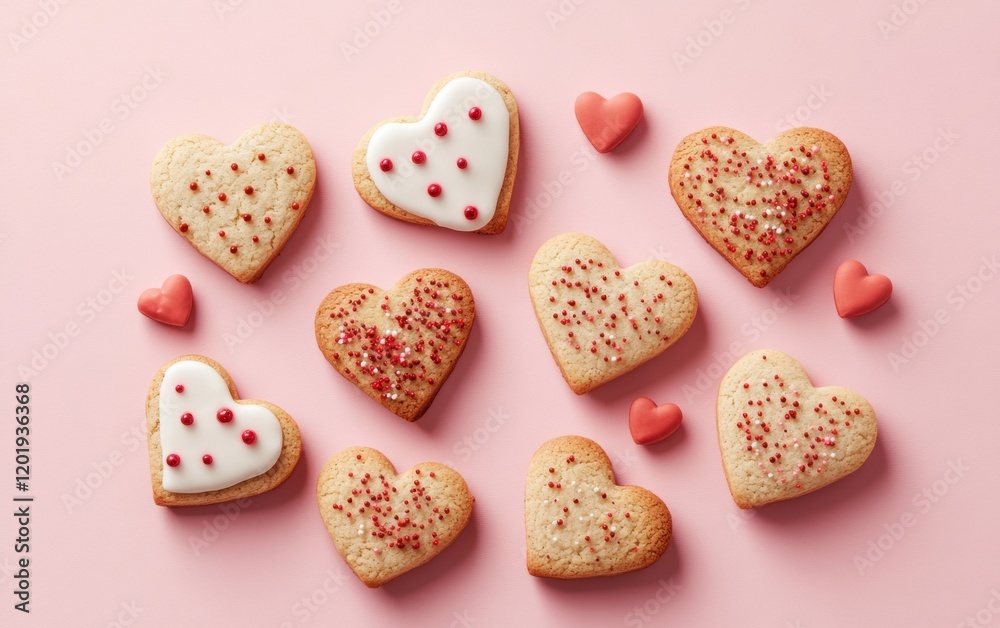 Collection of heart-shaped cookies with decorative icing and sprinkles on a pink background perfect for celebrations Collection of heart-shaped cookies with decorative icing and sprinkles on a pink background perfect for celebrations