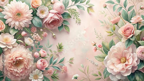 Soft pink floral background with pastel-colored flowers and greenery covering the entire image , garden, soft pink floral background