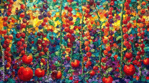 A vibrant image of a garden trellis covered in climbing beans, with bright red tomatoes in the foreground photo