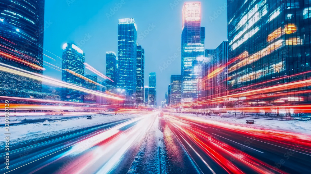 Fototapeta premium Night Cityscape with Light Trails and Snow
