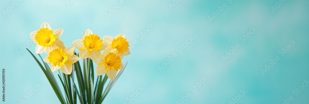 Bright yellow daffodils with their trumpet-like blooms rise from the lower edge. Bright yellow daffodils with their trumpet-like blooms rise from the lower edge.
