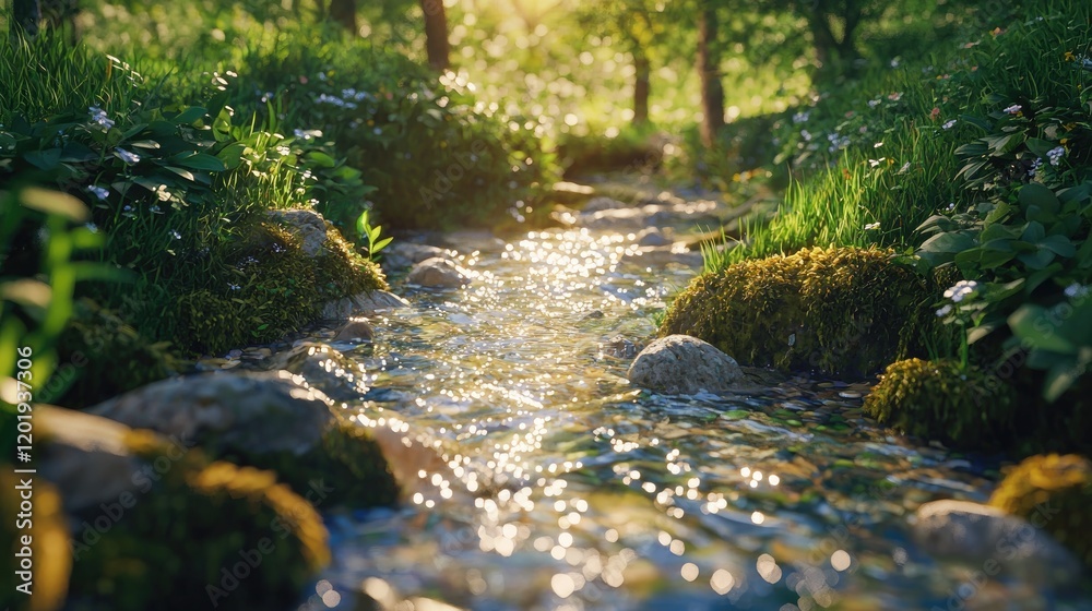 Obraz premium tranquil stream flows through a lush green forest, bathed in the warm glow of sunlight