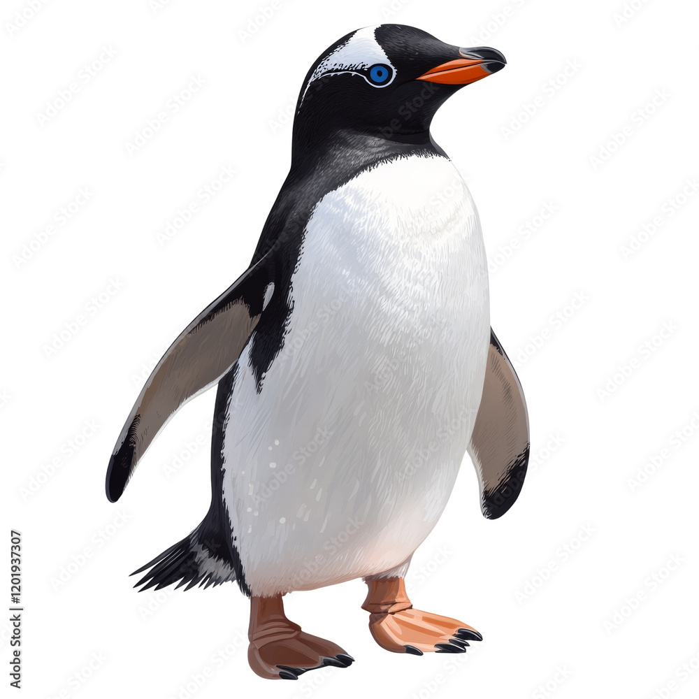 Obraz premium A detailed illustration depicts a chinstrap penguin standing on a white background, showcasing its distinctive markings and posture.
