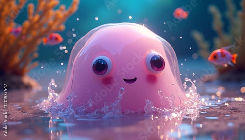 Adorable Pink Blob in Underwater Scene: A Whimsical 3D Render photo