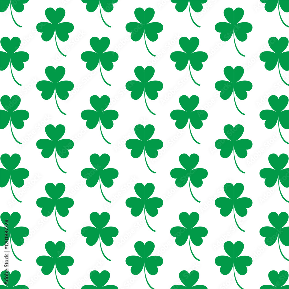 Seamless shamrock pattern.Green three clover leaf repeat pattern isolated on white background.St Patrick day icon symbol background.Vector graphic illustration. Seamless shamrock pattern.Green three clover leaf repeat pattern isolated on white background.St Patrick day icon symbol background.Vector graphic illustration.