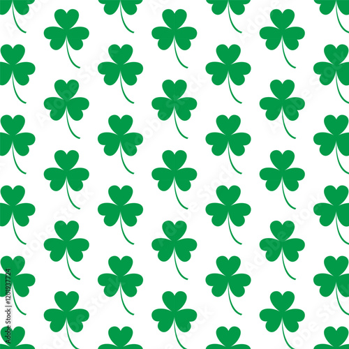 Seamless shamrock pattern.Green three clover leaf repeat pattern isolated on white background.St Patrick day icon symbol background.Vector graphic illustration.