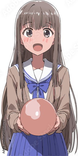 Anime-style illustration featuring a schoolgirl presenting a large sphere, expressing excitement and joy