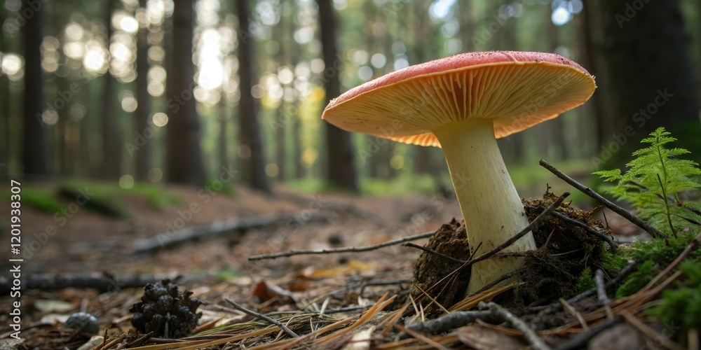 Fototapeta premium A brightly colored mushroom cap with a distinctive stem shape and size standing alone on the forest floor, nature, mycology