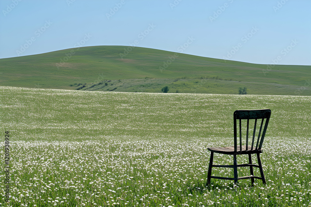 Serene landscape photo of a solitary wooden chair amidst a field of wildflowers, rolling green hills in the background. Peaceful and contemplative scene. Serene landscape photo of a solitary wooden chair amidst a field of wildflowers, rolling green hills in the background. Peaceful and contemplative scene.