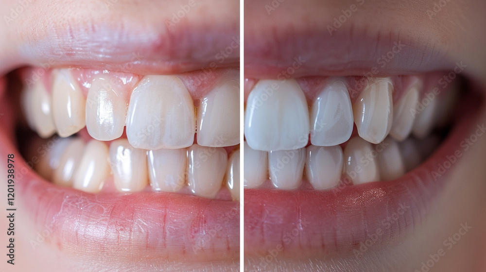 Fototapeta premium A before-and-after transformation of a patient’s smile after dental bonding. Dental Treatment stock image, hd quality. 