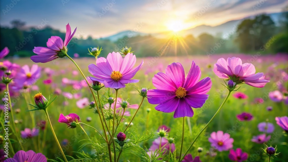 Vibrant purple cosmos flowers sway gently in a sunny meadow filled with lush green grass and wildflowers, creating a breathtaking scene in early summer , purple flowers, colorful meadow Vibrant purple cosmos flowers sway gently in a sunny meadow filled with lush green grass and wildflowers, creating a breathtaking scene in early summer , purple flowers, colorful meadow