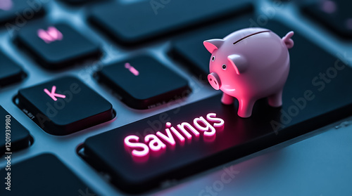 A piggy bank sits on the savings key of a computer keyboard, highlighting the intersection of savings and technology in personal finance management. The colors create a modern atmosphere.