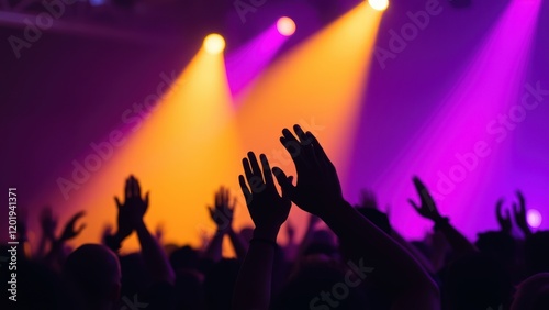 Hands in the air, people who are praising God and Jesus at a church service with worship band in the background,