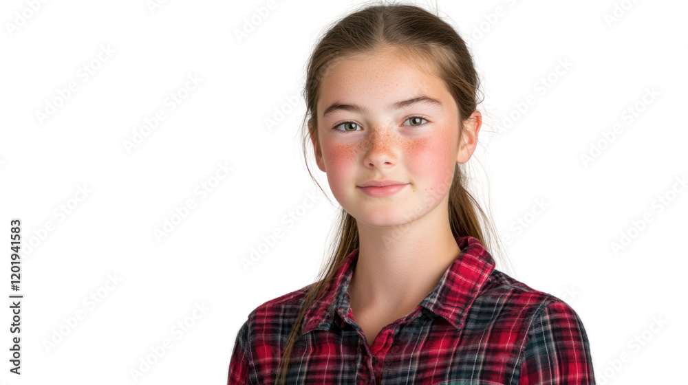 A young girl with a gentle smile, wearing a red plaid shirt, exudes warmth and confidence. Ideal for themes of childhood, innocence, and happiness. A young girl with a gentle smile, wearing a red plaid shirt, exudes warmth and confidence. Ideal for themes of childhood, innocence, and happiness.