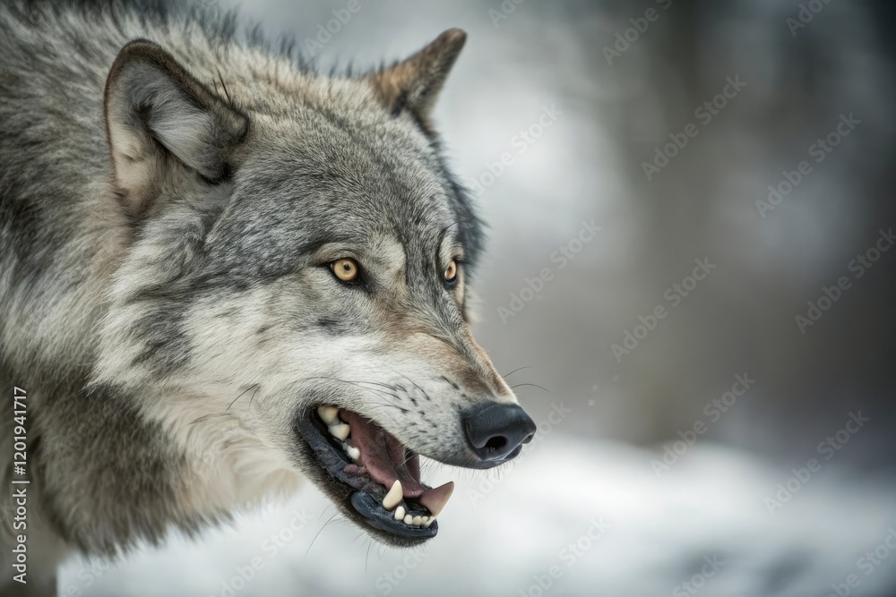 Obraz premium A close-up of a gray wolf's face shows its sharp teeth and piercing eyes, set against the soft focus of its surroundings, wild animal, snow, facial expression, gray wolf
