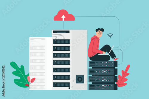 Cloud Computing Illustration depicting a person working with cloud servers, symbolizing cloud hosting, data storage, and remote access.