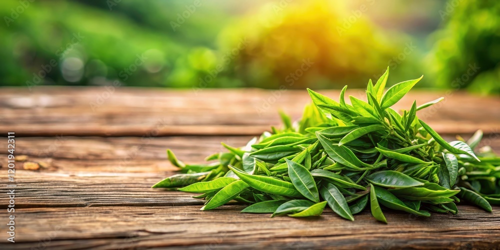 Freshly picked tea buds on a wooden table, ready to be plucked , nature, tea buds Freshly picked tea buds on a wooden table, ready to be plucked , nature, tea buds