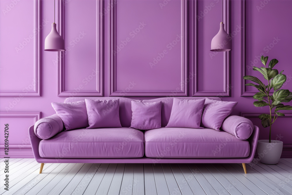 Elegant Purple Sofa Complements a Soft Light Purple Backdrop in a Serene Living Space Elegant Purple Sofa Complements a Soft Light Purple Backdrop in a Serene Living Space