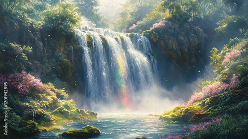 Fototapeta Naklejka Na Ścianę i Meble -  stunning watercolor of waterfall cascading down rocky cliff, surrounded by lush greenery and vibrant flowers. rainbow arcs over water, creating serene and magical atmosphere