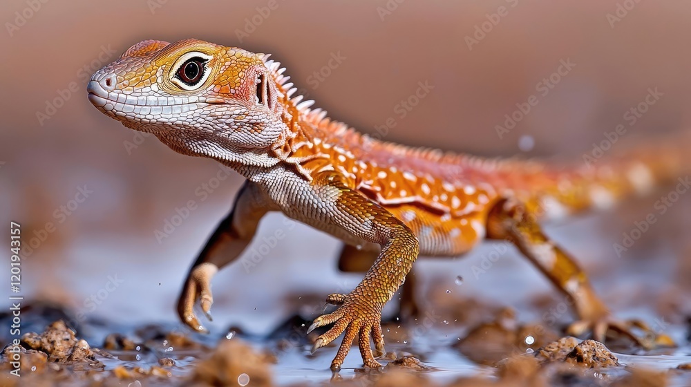 Naklejka premium Orange lizard walking in puddle, arid background, wildlife photography, nature