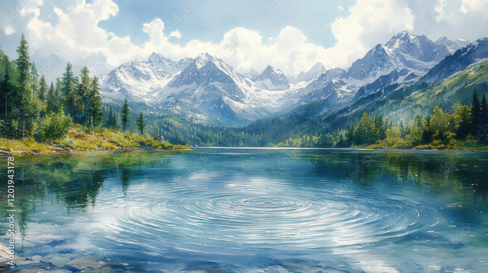 serene watercolor landscape featuring tranquil mountain lake surrounded by majestic mountains and lush greenery. calm water reflects stunning scenery, creating peaceful atmosphere