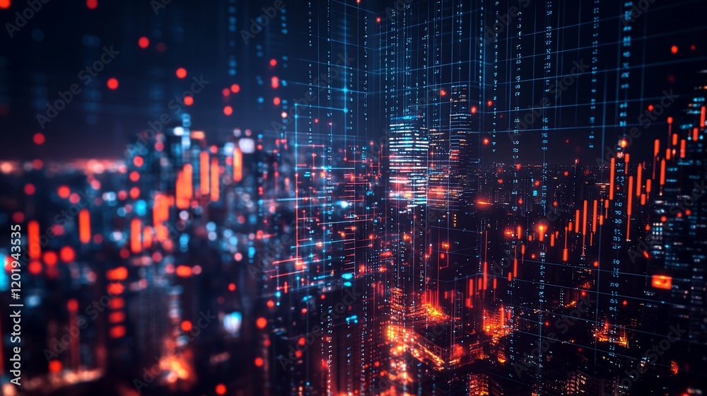 Night city data flow, financial graphs overlay, futuristic technology Night city data flow, financial graphs overlay, futuristic technology
