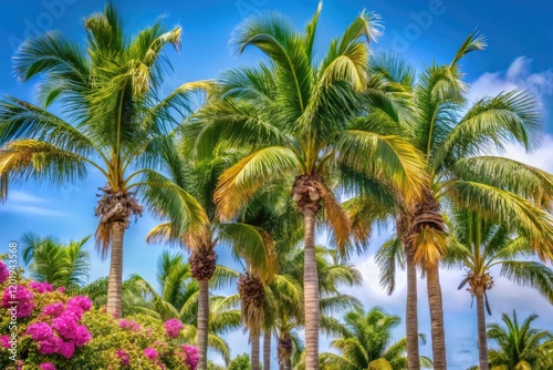 Wallpaper Mural A cluster of palm trees sways together in the wind, their trunks and branches intertwined with vines and flowers, plant life, foliage, nature, tropical, vines Torontodigital.ca