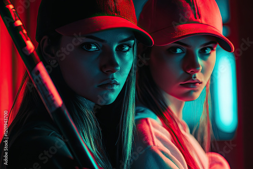 Two females bandit goons staring at camera. Menacing looking baseball batting criminality threatening viewer. Dark criminal background. Female thug holding bat. Gangster danger area. Neon lighting photo