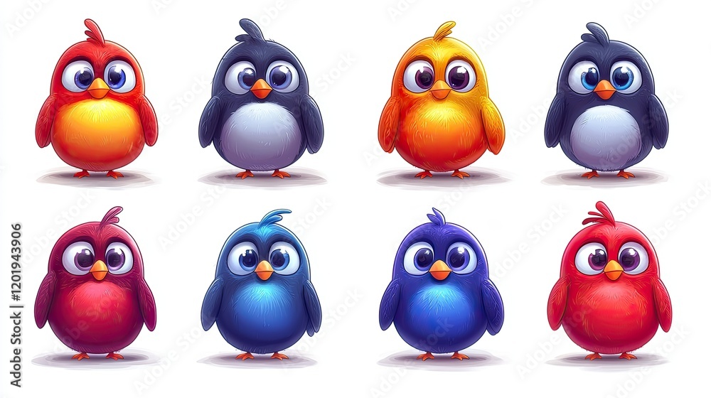 Eight Colorful Cartoon Birds Displayed in Rows Eight Colorful Cartoon Birds Displayed in Rows
