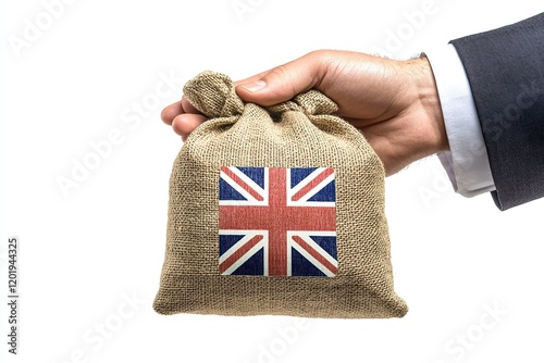 A businessman's hand holding an open brown jute money bag with the UK postal service logo