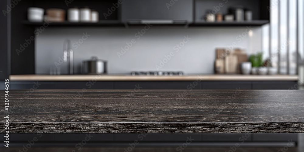 Close-up of a wooden table with a sleek, dark finish in a modern kitchen setting, emphasizing minimalist design and functional interior decor with a cozy ambiance. Close-up of a wooden table with a sleek, dark finish in a modern kitchen setting, emphasizing minimalist design and functional interior decor with a cozy ambiance.
