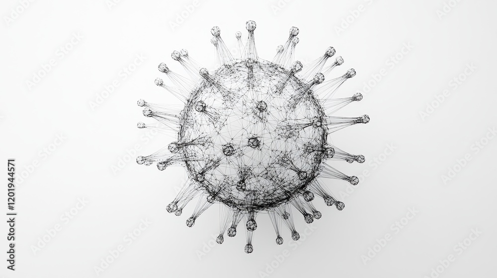 An intricate 3D wireframe model of a virus, monochromatic minimalism, modern scientific illustration, isolated on white background An intricate 3D wireframe model of a virus, monochromatic minimalism, modern scientific illustration, isolated on white background