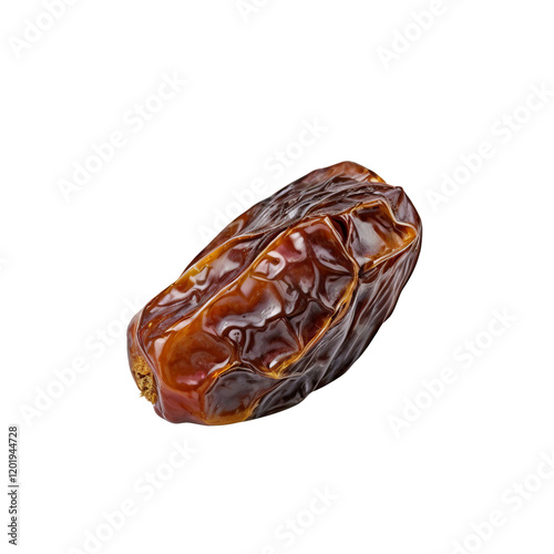 Single Date:  A close-up shot of a single, plump date fruit, its rich brown skin glistening with natural sweetness.  The date is presented against a clean background.