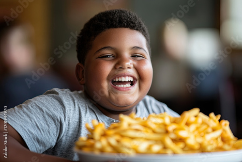 Plus-size boy laughing while eating cheesy fries photo