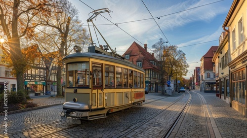 A vintage tram travels through a charming town with autumn trees and historic buildings lining the street.