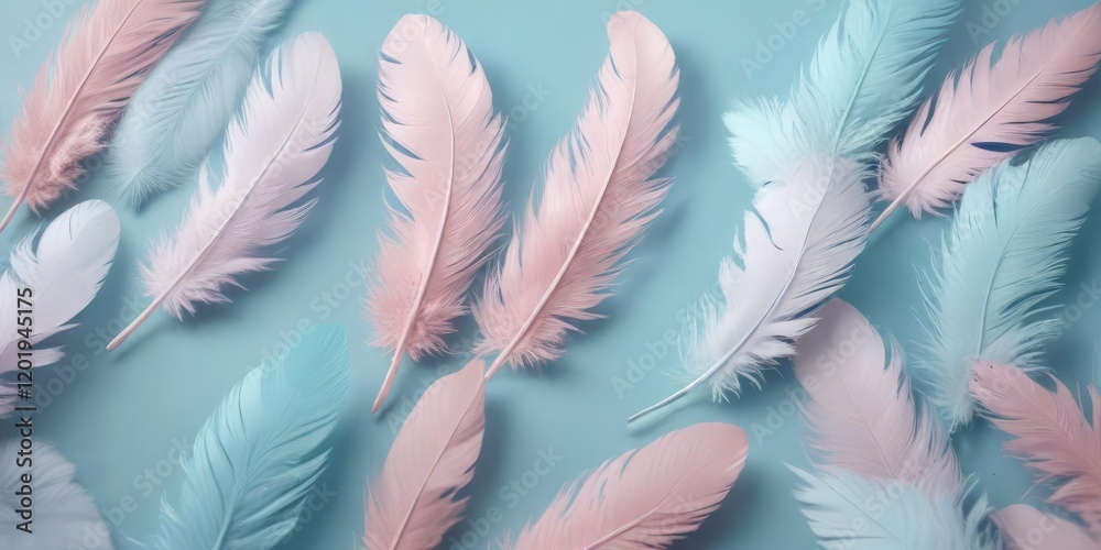 Fototapeta A collection of soft, pastel-colored feathers on a light blue background, gentle hues , textures, nature