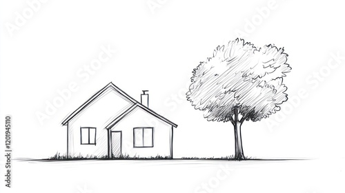 House sketch, tree, landscape design, suburban setting, architectural illustration photo