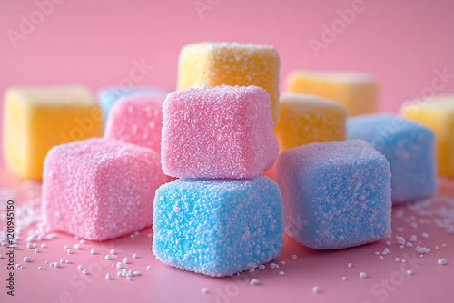 A high-quality photograph of soft, fluffy marshmallows in pastel colors, neatly arranged on a white surface with soft lighting, creating a cozy atmosphere