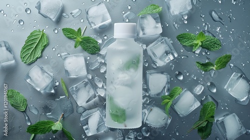 A frosted bottle surrounded by ice cubes and fresh mint leaves ideal for promoting cooling beverage mockup products  
