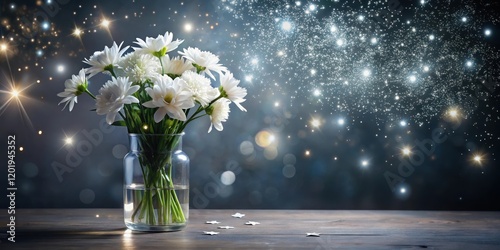 A delicate arrangement of white flowers in a vase on a dark table photo