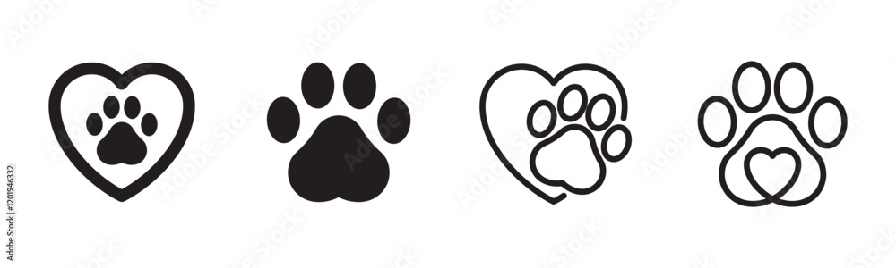 Pet paw editable stroke. footprints Pet paw, Heart with pet paw print dog cat icon, vector illustration