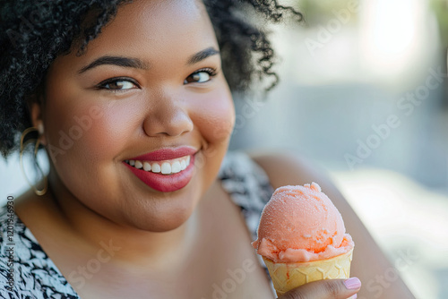 Plus-size woman enjoying a fresh fruit sorbet on a warm day photo