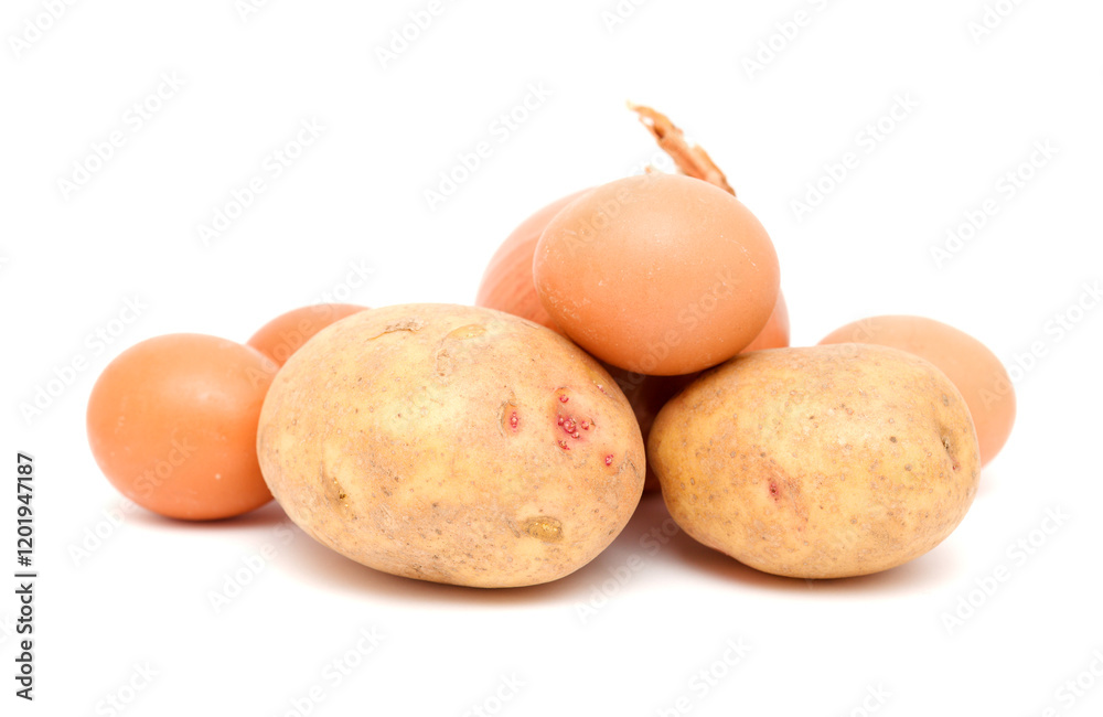 Eggs, onion and potatoes, ingredients for spanish tortilla, isolated on white background Eggs, onion and potatoes, ingredients for spanish tortilla, isolated on white background