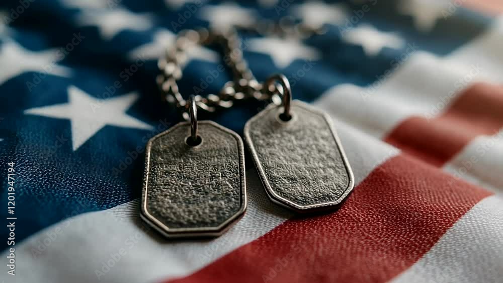 Silver military dog tags on an American flag, symbolizing patriotism ...