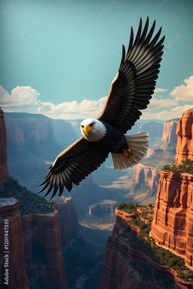 Fototapeta premium Bald eagle soaring gracefully, golden sunlight accentuating its wings