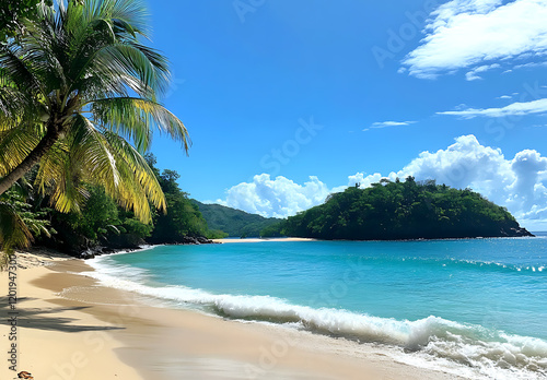 Tropical Paradise with Pristine Sandy Beach, Crystal Clear Turquoise Water, Lush Palm Trees, and Serene Coastline – Photorealistic High-Resolution Exotic Island Vacation Destination photo