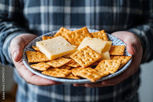 Man, plus-size, holding a plate of whole-grain crackers and cheese photo