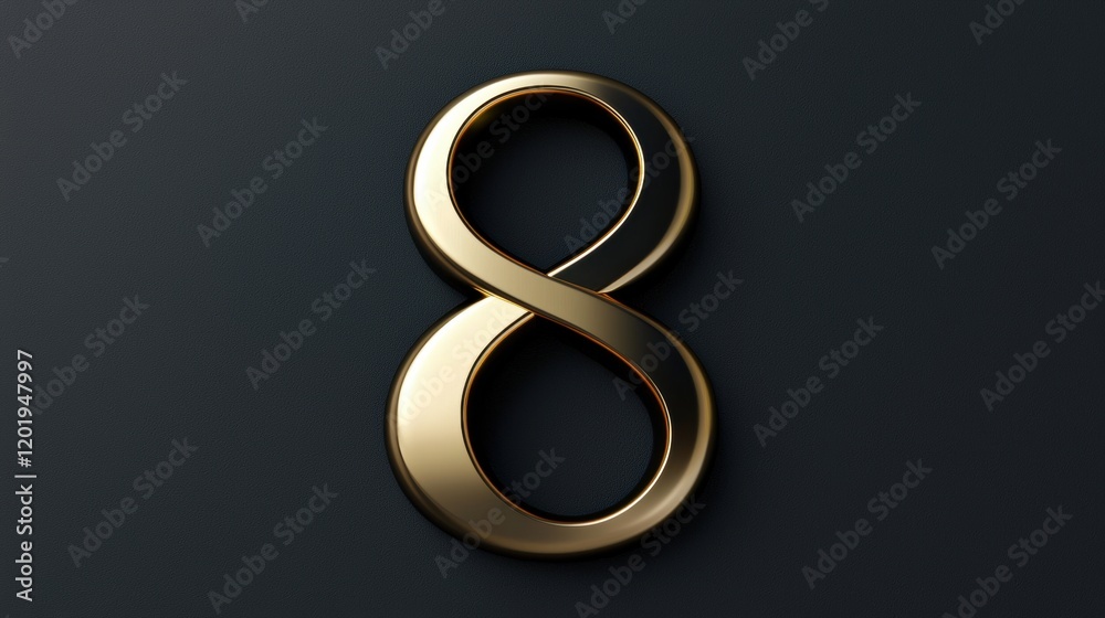3d rendering of the number 8 in a shiny gold color. the number is in the center of the image and is set against a dark blue background.