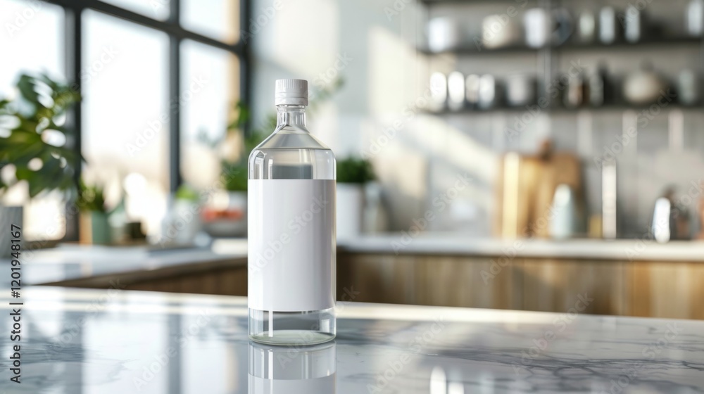 Transparent bottle with white label on sunlit kitchen counter for clean product branding
Transparent bottle with white label on sunlit kitchen counter for clean product branding