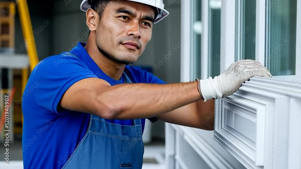 Asian male construction worker installing a window, symbolizing labor and craftsmanship themes Asian male construction worker installing a window, symbolizing labor and craftsmanship themes